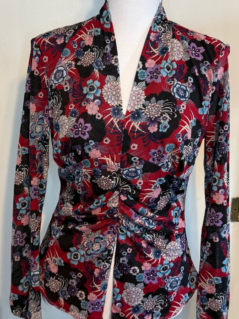 Vintage Y2K Red Floral Mesh Ruched Long Sleeve Top Bell Sleeves Small / Medium